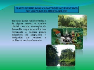 Planes de mitigación y adaptación implementados
           por los países de América del sur



Todos los países han incorporado
de alguna manera el cambio
climático en sus estrategias de
desarrollo y algunos de ellos han
comenzado a elaborar planes
específicos de adaptación y
mitigación con respecto a
problemas medioambientales
 