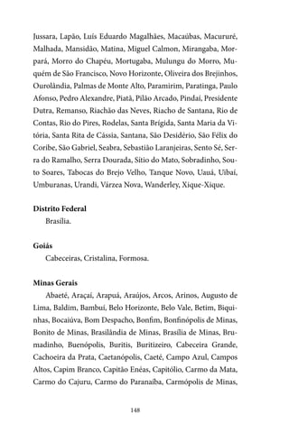 148
Jussara, Lapão, Luís Eduardo Magalhães, Macaúbas, Macururé,
Malhada, Mansidão, Matina, Miguel Calmon, Mirangaba, Mor-
pará, Morro do Chapéu, Mortugaba, Mulungu do Morro, Mu-
quém de São Francisco, Novo Horizonte, Oliveira dos Brejinhos,
Ourolândia, Palmas de Monte Alto, Paramirim, Paratinga, Paulo
Afonso, Pedro Alexandre, Piatã, Pilão Arcado, Pindaí, Presidente
Dutra, Remanso, Riachão das Neves, Riacho de Santana, Rio de
Contas, Rio do Pires, Rodelas, Santa Brígida, Santa Maria da Vi-
tória, Santa Rita de Cássia, Santana, São Desidério, São Félix do
Coribe, São Gabriel, Seabra, Sebastião Laranjeiras, Sento Sé, Ser-
ra do Ramalho, Serra Dourada, Sítio do Mato, Sobradinho, Sou-
to Soares, Tabocas do Brejo Velho, Tanque Novo, Uauá, Uibaí,
Umburanas, Urandi, Várzea Nova, Wanderley, Xique-Xique.
Distrito Federal
Brasília.
Goiás
Cabeceiras, Cristalina, Formosa.
Minas Gerais
Abaeté, Araçaí, Arapuá, Araújos, Arcos, Arinos, Augusto de
Lima, Baldim, Bambuí, Belo Horizonte, Belo Vale, Betim, Biqui-
nhas, Bocaiúva, Bom Despacho, Bonfim, Bonfinópolis de Minas,
Bonito de Minas, Brasilândia de Minas, Brasília de Minas, Bru-
madinho, Buenópolis, Buritis, Buritizeiro, Cabeceira Grande,
Cachoeira da Prata, Caetanópolis, Caeté, Campo Azul, Campos
Altos, Capim Branco, Capitão Enéas, Capitólio, Carmo da Mata,
Carmo do Cajuru, Carmo do Paranaíba, Carmópolis de Minas,
 