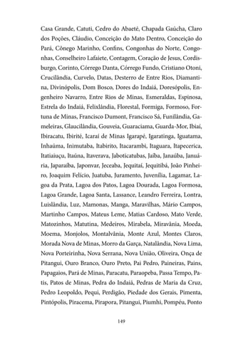 149
Casa Grande, Catuti, Cedro do Abaeté, Chapada Gaúcha, Claro
dos Poções, Cláudio, Conceição do Mato Dentro, Conceição do
Pará, Cônego Marinho, Confins, Congonhas do Norte, Congo-
nhas, Conselheiro Lafaiete, Contagem, Coração de Jesus, Cordis-
burgo, Corinto, Córrego Danta, Córrego Fundo, Cristiano Otoni,
Crucilândia, Curvelo, Datas, Desterro de Entre Rios, Diamanti-
na, Divinópolis, Dom Bosco, Dores do Indaiá, Doresópolis, En-
genheiro Navarro, Entre Rios de Minas, Esmeraldas, Espinosa,
Estrela do Indaiá, Felixlândia, Florestal, Formiga, Formoso, For-
tuna de Minas, Francisco Dumont, Francisco Sá, Funilândia, Ga-
meleiras, Glaucilândia, Gouveia, Guaraciama, Guarda-Mor, Ibiaí,
Ibiracatu, Ibirité, Icaraí de Minas Igarapé, Igaratinga, Iguatama,
Inhaúma, Inimutaba, Itabirito, Itacarambi, Itaguara, Itapecerica,
Itatiaiuçu, Itaúna, Itaverava, Jaboticatubas, Jaíba, Janaúba, Januá-
ria, Japaraíba, Japonvar, Jeceaba, Jequitaí, Jequitibá, João Pinhei-
ro, Joaquim Felício, Juatuba, Juramento, Juvenília, Lagamar, La-
goa da Prata, Lagoa dos Patos, Lagoa Dourada, Lagoa Formosa,
Lagoa Grande, Lagoa Santa, Lassance, Leandro Ferreira, Lontra,
Luislândia, Luz, Mamonas, Manga, Maravilhas, Mário Campos,
Martinho Campos, Mateus Leme, Matias Cardoso, Mato Verde,
Matozinhos, Matutina, Medeiros, Mirabela, Miravânia, Moeda,
Moema, Monjolos, Montalvânia, Monte Azul, Montes Claros,
Morada Nova de Minas, Morro da Garça, Natalândia, Nova Lima,
Nova Porteirinha, Nova Serrana, Nova União, Oliveira, Onça de
Pitangui, Ouro Branco, Ouro Preto, Pai Pedro, Paineiras, Pains,
Papagaios, Pará de Minas, Paracatu, Paraopeba, Passa Tempo, Pa-
tis, Patos de Minas, Pedra do Indaiá, Pedras de Maria da Cruz,
Pedro Leopoldo, Pequi, Perdigão, Piedade dos Gerais, Pimenta,
Pintópolis, Piracema, Pirapora, Pitangui, Piumhi, Pompéu, Ponto
 