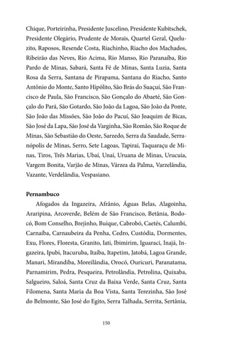150
Chique, Porteirinha, Presidente Juscelino, Presidente Kubitschek,
Presidente Olegário, Prudente de Morais, Quartel Geral, Quelu-
zito, Raposos, Resende Costa, Riachinho, Riacho dos Machados,
Ribeirão das Neves, Rio Acima, Rio Manso, Rio Paranaíba, Rio
Pardo de Minas, Sabará, Santa Fé de Minas, Santa Luzia, Santa
Rosa da Serra, Santana de Pirapama, Santana do Riacho, Santo
Antônio do Monte, Santo Hipólito, São Brás do Suaçuí, São Fran-
cisco de Paula, São Francisco, São Gonçalo do Abaeté, São Gon-
çalo do Pará, São Gotardo, São João da Lagoa, São João da Ponte,
São João das Missões, São João do Pacuí, São Joaquim de Bicas,
São José da Lapa, São José da Varginha, São Romão, São Roque de
Minas, São Sebastião do Oeste, Sarzedo, Serra da Saudade, Serra-
nópolis de Minas, Serro, Sete Lagoas, Tapiraí, Taquaraçu de Mi-
nas, Tiros, Três Marias, Ubaí, Unaí, Uruana de Minas, Urucuia,
Vargem Bonita, Varjão de Minas, Várzea da Palma, Varzelândia,
Vazante, Verdelândia, Vespasiano.
Pernambuco
Afogados da Ingazeira, Afrânio, Águas Belas, Alagoinha,
Araripina, Arcoverde, Belém de São Francisco, Betânia, Bodo-
có, Bom Conselho, Brejinho, Buíque, Cabrobó, Caetés, Calumbi,
Carnaíba, Carnaubeira da Penha, Cedro, Custódia, Dormentes,
Exu, Flores, Floresta, Granito, Iati, Ibimirim, Iguaraci, Inajá, In-
gazeira, Ipubi, Itacuruba, Itaíba, Itapetim, Jatobá, Lagoa Grande,
Manari, Mirandiba, Moreilândia, Orocó, Ouricuri, Paranatama,
Parnamirim, Pedra, Pesqueira, Petrolândia, Petrolina, Quixaba,
Salgueiro, Saloá, Santa Cruz da Baixa Verde, Santa Cruz, Santa
Filomena, Santa Maria da Boa Vista, Santa Terezinha, São José
do Belmonte, São José do Egito, Serra Talhada, Serrita, Sertânia,
 