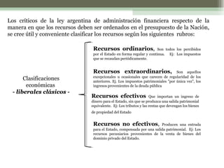 Los críticos de la ley argentina de administración financiera respecto de la
manera en que los recursos deben ser ordenados en el presupuesto de la Nación,
se cree útil y conveniente clasificar los recursos según los siguientes rubros:
Recursos ordinarios,

Son todos los percibidos
por el Estado en forma regular y continua. Ej: Los impuestos
que se recaudan periódicamente.

Recursos extraordinarios,
Clasificaciones
económicas
- liberales clásicos -

Son aquellos
excepcionales u ocasionales que carecen de regularidad de los
anteriores. Ej. Los impuestos patrimoniales "por única vez", los
ingresos provenientes de la deuda pública

Recursos efectivos

Que importan un ingreso de
dinero para el Estado, sin que se produzca una salida patrimonial
equivalente. Ej: Los tributos y las rentas que devengan los bienes
de propiedad del Estado

Recursos no efectivos,

Producen una entrada
para el Estado, compensada por una salida patrimonial. Ej: Los
recursos pecuniarios provenientes de la venta de bienes del
dominio privado del Estado.

 
