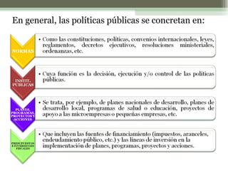 En general, las políticas públicas se concretan en:

 