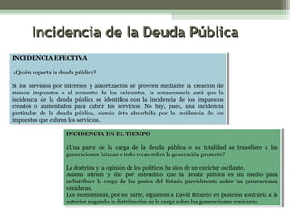 Incidencia de la Deuda Pública
INCIDENCIA EFECTIVA
INCIDENCIA EFECTIVA
¿Quién soporta la deuda pública?
¿Quién soporta la deuda pública?
Si los servicios por intereses yy amortización se proveen mediante la creación de
Si los servicios por intereses amortización se proveen mediante la creación de
nuevos impuestos oo el aumento de los existentes, la consecuencia será que la
nuevos impuestos
el aumento de los existentes, la consecuencia será que la
incidencia de la deuda pública se identifica con la incidencia de los impuestos
incidencia de la deuda pública se identifica con la incidencia de los impuestos
creados oo aumentados para cubrir los servicios. No hay, pues, una incidencia
creados
aumentados para cubrir los servicios. No hay, pues, una incidencia
particular de la deuda pública, siendo ésta absorbida por la incidencia de los
particular de la deuda pública, siendo ésta absorbida por la incidencia de los
impuestos que cubren los servicios.
impuestos que cubren los servicios.
INCIDENCIA EN EL TIEMPO
INCIDENCIA EN EL TIEMPO
¿Una parte de la carga de la deuda pública oo su totalidad se transfiere aa las
¿Una parte de la carga de la deuda pública
su totalidad se transfiere
las
generaciones futuras ootodo recae sobre la generación presente?
generaciones futuras todo recae sobre la generación presente?
La doctrina yyla opinión de los políticos ha sido de un carácter oscilante.
La doctrina la opinión de los políticos ha sido de un carácter oscilante.
Adams afirmó yy dio por entendido que la deuda pública es un medio para
Adams afirmó
dio por entendido que la deuda pública es un medio para
redistribuir la carga de los gastos del Estado parcialmente sobre las generaciones
redistribuir la carga de los gastos del Estado parcialmente sobre las generaciones
venideras.
venideras.
Los economistas, por su parte, siguieron aaDavid Ricardo en posición contraria aala
Los economistas, por su parte, siguieron David Ricardo en posición contraria la
anterior negando la distribución de la carga sobre las generaciones venideras.
anterior negando la distribución de la carga sobre las generaciones venideras.

 