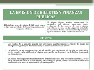 EFECTOS
• Los efectos de la emisión podrán ser apreciados cualitativamente a través del juego del
multiplicador, principio de aceleración y la acción combinada de las dos.
• La inflación es un impuesto ciego, en el sentido que su creador, el Estado, no determina,
previo estudio en la incidencia y efectos, sobre quién ha de recaer, en definitiva, la carga de
esa financiación.
• En efecto, en una política fiscal monetaria de reactivación de una economía deprimida, el uso
de la emisión de billetes como recurso para financiar gastos, deberá disminuir o detenerse
mucho antes de haberse alcanzado la plena ocupación.

 