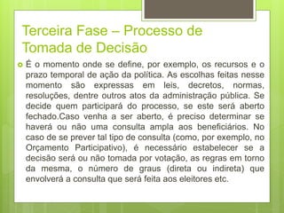 Terceira Fase – Processo de
Tomada de Decisão
 É o momento onde se define, por exemplo, os recursos e o
prazo temporal de ação da política. As escolhas feitas nesse
momento são expressas em leis, decretos, normas,
resoluções, dentre outros atos da administração pública. Se
decide quem participará do processo, se este será aberto
fechado.Caso venha a ser aberto, é preciso determinar se
haverá ou não uma consulta ampla aos beneficiários. No
caso de se prever tal tipo de consulta (como, por exemplo, no
Orçamento Participativo), é necessário estabelecer se a
decisão será ou não tomada por votação, as regras em torno
da mesma, o número de graus (direta ou indireta) que
envolverá a consulta que será feita aos eleitores etc.
 