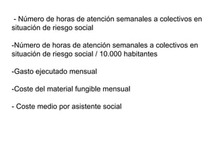 - Número de horas de atención semanales a colectivos en
situación de riesgo social
-Número de horas de atención semanales a colectivos en
situación de riesgo social / 10.000 habitantes
-Gasto ejecutado mensual
-Coste del material fungible mensual
- Coste medio por asistente social
 