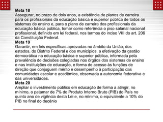 Meta 18 
Assegurar, no prazo de dois anos, a existência de planos de carreira 
para os profissionais da educação básica e superior pública de todos os 
sistemas de ensino e, para o plano de carreira dos profissionais da 
educação básica pública, tomar como referência o piso salarial nacional 
profissional, definido em lei federal, nos termos do inciso VIII do art. 206 
da Constituição Federal. 
Meta 19 
Garantir, em leis específicas aprovadas no âmbito da União, dos 
estados, do Distrito Federal e dos municípios, a efetivação da gestão 
democrática na educação básica e superior pública, informada pela 
prevalência de decisões colegiadas nos órgãos dos sistemas de ensino 
e nas instituições de educação, e forma de acesso às funções de 
direção que conjuguem mérito e desempenho à participação das 
comunidades escolar e acadêmica, observada a autonomia federativa e 
das universidades. 
Meta 20 
Ampliar o investimento público em educação de forma a atingir, no 
mínimo, o patamar de 7% do Produto Interno Bruto (PIB) do País no 
quinto ano de vigência desta Lei e, no mínimo, o equivalente a 10% do 
PIB no final do decênio 
