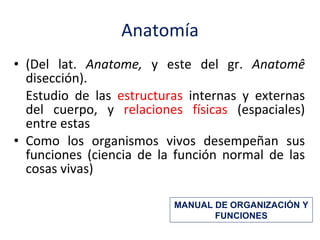 Anatomía (Del lat.  Anatome,  y este del gr.  Anatomê  disección). Estudio de las  estructuras  internas y externas del cuerpo, y  relaciones físicas  (espaciales) entre estas Como los organismos vivos desempeñan sus funciones (ciencia de la función normal de las cosas vivas) MANUAL DE ORGANIZACIÓN Y FUNCIONES 