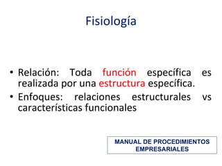 Fisiología Relación: Toda  función  específica es realizada por una  estructura  específica. Enfoques: relaciones estructurales vs características funcionales MANUAL DE PROCEDIMIENTOS EMPRESARIALES 