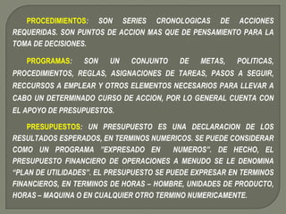 PROCEDIMIENTOS :  SON SERIES CRONOLOGICAS DE ACCIONES REQUERIDAS. SON PUNTOS DE ACCION MAS QUE DE PENSAMIENTO PARA LA TOMA DE DECISIONES. PROGRAMAS :  SON UN CONJUNTO DE METAS, POLITICAS, PROCEDIMIENTOS, REGLAS, ASIGNACIONES DE TAREAS, PASOS A SEGUIR, RECCURSOS A EMPLEAR Y OTROS ELEMENTOS NECESARIOS PARA LLEVAR A CABO UN DETERMINADO CURSO DE ACCION, POR LO GENERAL CUENTA CON EL APOYO DE PRESUPUESTOS. PRESUPUESTOS : UN PRESUPUESTO ES UNA DECLARACION DE LOS RESULTADOS ESPERADOS, EN TERMINOS NUMERICOS. SE PUEDE CONSIDERAR COMO UN PROGRAMA ”EXPRESADO EN  NUMEROS”. DE HECHO, EL PRESUPUESTO FINANCIERO DE OPERACIONES A MENUDO SE LE DENOMINA “PLAN DE UTILIDADES”. EL PRESUPUESTO SE PUEDE EXPRESAR EN TERMINOS FINANCIEROS, EN TERMINOS DE HORAS – HOMBRE, UNIDADES DE PRODUCTO, HORAS – MAQUINA O EN CUALQUIER OTRO TERMINO NUMERICAMENTE.  