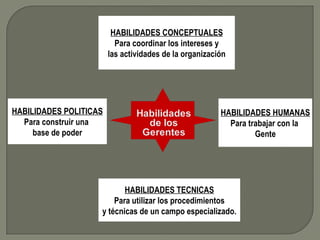 HABILIDADES CONCEPTUALES Para coordinar los intereses y las actividades de la organización HABILIDADES HUMANAS Para trabajar con la  Gente HABILIDADES TECNICAS Para utilizar los procedimientos y técnicas de un campo especializado. HABILIDADES POLITICAS Para construir una  base de poder 