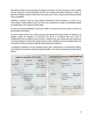 Esta distinción radical de las diversas clases de gobierno como formas, unas más corruptas que otras, es posible
que haya surgido de la honda inconformidad de Platón con el gobierno democrático existente en su época, un
gobierno que reflejaba muy bien la división entre ricos y pobres y por, lo tanto, una guerra social latente que impedía
la paz y la estabilidad.

Aristóteles, su discípulo, formuló con mayor realismo la diversidad de formas de gobierno en su libro III de La
Política. Según él, existen gobiernos cuyo fin es el bien común, y gobiernos con arreglo a las necesidades egoístas
de los gobernantes, como muestra el cuadro de abajo.

El motivo que inspira esta clasificación, al igual que en Platón, es la distinción entre ricos y pobres, que está en la
base del gobierno democrático.

En cuanto al interés social de ricos y pobres, exceso que por naturaleza los primeros tienden a la oligarquía y los
segundos, también por naturaleza, a la democracia, más allá de si la proporción entre unos y otros es
verdaderamente la de una mayoría o la de una minoría. La desunión entre ricos y pobres solo puede resolverse en
una forma de gobierno de carácter mixto, llamado mesol que, según Aristóteles, es la forma de gobierno ideal, cuya
virtud estriba en combinar las mejores cualidades de las formas buenas de gobierno.

 La clasificación aristotélica es de gran importancia porque influyó poderosamente en el pensamiento posterior,
como explicación de los diversos modos de la asociación política y como criterio de búsqueda de la forma ideal de
gobierno.




                                                                                                                     8
 