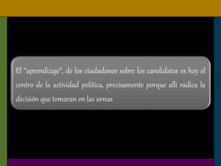 El “aprendizaje”, de los ciudadanos sobre los candidatos es hoy el
centro de la actividad política, precisamente porque allí radica la
decisión que tomaran en las urnas
 