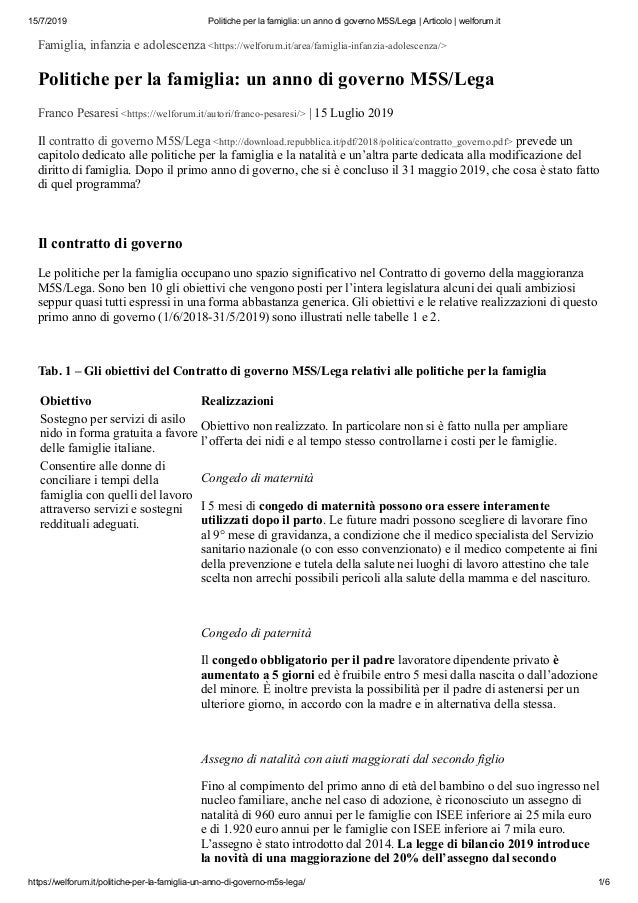 Politiche Per La Famiglia Un Anno Di Governo M5s Lega