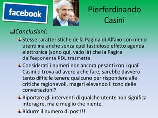Pierferdinando
                                      Casini
Conclusioni:
    Stesse caratteristiche della Pagina di Alfano con meno
    utenti ma anche senza quel fastidioso effetto agenda
    elettronica (sono qui, vado là) che la Pagina
    dell’esponente PDL trasmette
    Considerati i numeri non ancora pesanti con i quali
    Casini si trova ad avere a che fare, sarebbe davvero
    tanto difficile tenere qualcuno per rispondere alle
    critiche ragionevoli, magari elevando il tono delle
    conversazioni?
    Riportare gli interventi di qualche utente non significa
    interagire, ma è meglio che niente.
    Ridurre il numero di post!!!
 