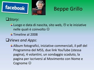 Beppe Grillo
Story:
   Luogo e data di nascita, sito web,  e le iniziative
   nelle quali è coinvolto 
   Timeline al 2008
Views and Apps:
   Album fotografici, iniziative commerciali, il pdf del
   Programma del M5S, due link YouTube (stessa
   pagina), 4 volantini, un sondaggio scaduto, la
   pagina per iscriversi al Movimento con Nome e
   Cognome 
 