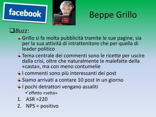 Beppe Grillo
Buzz:
    Grillo si fa molta pubblicità tramite le sue pagine, sia
    per la sua attività di intrattenitore che per quella di
    leader politico
    Tema centrale dei commenti sono le ricette per uscire
    dalla crisi, oltre che naturalmente le malefatte della
    «casta», ma con meno contumelie
    I commenti sono più interessanti dei post
    Siamo arrivati a contare 10 post in un giorno
    I pochi detrattori vengano assaliti
     effetto «setta»
  1. ASR =220
  2. NPS = positivo
 