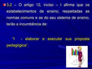 3.2 – O artigo 12, inciso – I afirma que os
estabelecimentos de ensino, respeitadas as
normas comuns e as do seu sistema de ensino,
terão a incumbência de:

“I

- elaborar e executar sua proposta

pedagógica”.

 