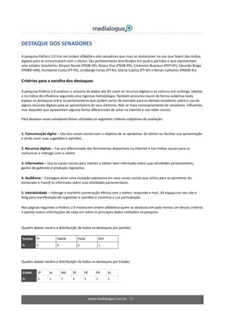 www.medialogue.com.br 13
DESTAQUE DOS SENADORES
A pesquisa Político 2.0 traz em ordem alfabética oito senadores que mais se destacaram no uso que fazem das mídias
digitais para se comunicarem com o eleitor. São parlamentares distribuídos em quatro partidos e que representam
sete estados brasileiros: Aloysio Nunes (PSDB-SP), Álvaro Dias (PSDB-PR), Cristovam Buarque (PDT-DF), Eduardo Braga
(PMBD-AM), Humberto Costa (PT-PE), Lindbergh Farias (PT-RJ), Marta Suplicy (PT-SP) e Renan Calheiros (PMDB-AL)
Critérios para a escolha dos destaques
A pesquisa Político 2.0 analisou a amostra de dados dos 81 usam os recursos digitais e os colocou em rankings, tabelas
e no índice de influência seguindo uma rigorosa metodologia. Também procurou reunir de forma subjetiva neste
espaço os destaques entre os parlamentares que podem servir de exemplo para os demais senadores sobre o uso de
alguns recursos digitais para se aproximarem de seus eleitores. Não se trata necessariamente de senadores influentes,
mas daqueles que apresentam alguma forma diferenciada de estar na internet e nas redes sociais.
Para destacar esses senadores foram utilizados os seguintes critérios subjetivos de avaliação:
1. Comunicação digital – Usa dos canais sociais com o objetivo de se aproximar do eleitor ou facilitar sua aproximação
e ainda ouvir suas sugestões e opiniões.
2. Recursos digitais – Faz uso diferenciado das ferramentas disponíveis na internet e nas mídias sociais para se
comunicar e interagir com o eleitor.
3. Informativo – Usa os canais sociais para manter o eleitor bem informado sobre suas atividades parlamentares,
gastos de gabinete e produção legislativa.
4. Audiência – Consegue atrair uma visitação expressiva em seus canais sociais que utiliza para se aproximar do
eleitorado e mantê-lo informado sobre suas atividades parlamentares.
5. Interatividade – Interage e mantém conversação efetiva com o eleitor, responde e-mail, dá espaço em seu site e
blog para manifestação de sugestões e opiniões e incentiva a sua participação.
Nas páginas seguintes o Político 2.0 mostra em ordem alfabética quem se destacou em pelo menos um desses critérios
e aponta outras informações de cada um sobre os principais dados coletados na pesquisa.
Quadro abaixo mostra a distribuição de todos os destaques por partido:
Partido PT PMDB PSDB PDT
% 3 2 2 1
Quadro abaixo mostra a distribuição de todos os destaques por Estado:
Estado SP AL AM DF PE PR RJ
% 2 1 1 1 1 1 1
 