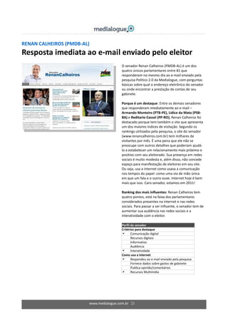 www.medialogue.com.br 21
RENAN CALHEIROS (PMDB-AL)
Resposta imediata ao e-mail enviado pelo eleitor
O senador Renan Calheiros (PMDB-AL) é um dos
quatro únicos parlamentares entre 81 que
responderam no mesmo dia ao e-mail enviado pela
pesquisa Político 2.0 da Medialogue, com perguntas
básicas sobre qual o endereço eletrônico do senador
ou onde encontrar a prestação de contas de seu
gabinete.
Porque é um destaque: Entre os demais senadores
que responderam imediatamente ao e-mail –
Armando Monteiro (PTB-PE), Lídice da Mata (PSB-
BA) e Reditario Cassol (PP-RO), Renan Calheiros foi
destacado porque tem também o site que apresenta
um dos maiores índices de visitação. Segundo os
rankings utilizados pela pesquisa, o site do senador
(www.renancalheiros.com.br) tem milhares de
visitantes por mês. É uma pena que ele não se
preocupe com outros detalhes que poderiam ajudá-
lo a estabelecer um relacionamento mais próximo e
positivo com seu eleitorado. Sua presença em redes
sociais é muito modesta e, além disso, não concede
espaço para manifestação de eleitores em seu site.
Ou seja, usa a internet como usava a comunicação
nos tempos do papel: como uma via de mão única
em que um fala e o outro ouve. Internet hoje é bem
mais que isso. Caro senador, estamos em 2011!
Ranking dos mais influentes: Renan Calheiros tem
quatro pontos, está na faixa dos parlamentares
considerados presentes na internet e nas redes
sociais. Para passar a ser influente, o senador tem de
aumentar sua audiência nas redes sociais e a
interatividade com o eleitor.
Perfil do senador
Critérios para destaque
 Comunicação digital
 Recursos digitais
 Informativo
 Audiência
 Interatividade
Como usa a internet
 Respondeu ao e-mail enviado pela pesquisa
Fornece dados sobre gastos de gabinete
 Publica opinião/comentários
 Recursos Multimídia
 