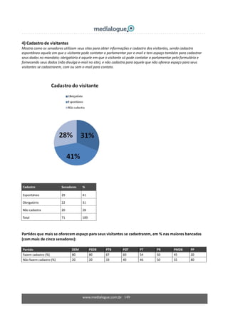 4) Cadastro de visitantes 
Mostra como os senadores utilizam seus sites para obter informações e cadastro dos visitantes, sendo cadastro 
espontâneo aquele em que o visitante pode contatar o parlamentar por e‐mail e tem espaço também para cadastrar 
seus dados no mandato; obrigatório é aquele em que o visitante só pode contatar o parlamentar pelo formulário e 
fornecendo seus dados (não divulga e‐mail no site), e não cadastra para aquele que não oferece espaço para seus 
visitantes se cadastrarem, com ou sem e‐mail para contato. 
 
 
 
 
 
Cadastro  Senadores  % 
Espontâneo  29  41 
Obrigatório   22  31 
Não cadastra  20  28 
Total  71  100 
 
Partidos que mais se oferecem espaço para seus visitantes se cadastrarem, em % nas maiores bancadas 
(com mais de cinco senadores): 
Partido  DEM  PSDB  PTB  PDT  PT  PR  PMDB  PP 
Fazem cadastro (%)  80  80  67  60  54  50  45  20 
Não fazem cadastro (%)  20  20  33  40  46  50  55  80 
www.medialogue.com.br   149
 