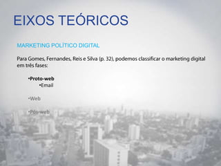 EIXOS TEÓRICOS
MARKETING POLÍTICO DIGITAL
•Proto-web
•Email
•Web
•Pós-web
 