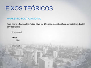 EIXOS TEÓRICOS
MARKETING POLÍTICO DIGITAL
•Proto-web
•Web
Site
•Pós-web
 