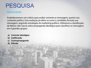 PESQUISA
MENSAGENS
a) Controle Ideológico
b) Codificação
c) Contrapropaganda
d) Difusão
 