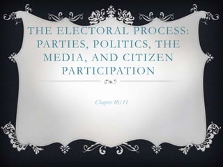 THE ELECTORAL PROCESS:
PARTIES, POLITICS, THE
MEDIA, AND CITIZEN
PARTICIPATION
Chapter 10/11
 