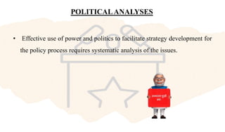 POLITICALANALYSES
• Effective use of power and politics to facilitate strategy development for
the policy process requires systematic analysis of the issues.
 