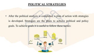 POLITICAL STRATEGIES
• After the political analysis is completed, a plan of action with strategies
is developed. Strategies are the plans to achieve political and policy
goals. To achieve goals it is useful to follow these tactics:
 