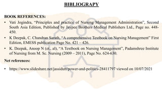 BIBLIOGRAPY
BOOK REFERENCES:
• Vati Jogindra, “Principles and practice of Nursing Management Administration”, Second
South Asia Edition, Published by Jaypee Brothers Medical Publishers Ltd., Page no. 448-
450.
• K Deepak, C. Chandran Sarath, “A comprehensive Textbook on Nursing Management” First
Edition, EMESS publication Page No. 421 – 426.
• K. Deepak, Anoop N (et., al), “A Textbook on Nursing Management”, Padamshree Institute
of Nursing from M. Sc. Nursing (2009 – 2011), Page No. 624-630.
Net references:
• https://www.slideshare.net/jassidutt/power-and-politics-28411797 viewed on 10/07/2021
 