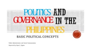 POLITICS
GO
VERN
ANCE
PHILIPPINES
BASIC POLITICAL CONCEPTS
Public Administration and Social Communication
Reported by: Ryan C. Espino
 
