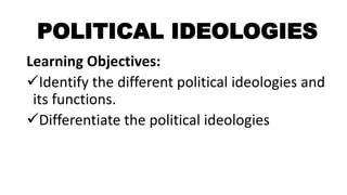POLITICAL IDEOLOGIES
Learning Objectives:
Identify the different political ideologies and
its functions.
Differentiate the political ideologies
 