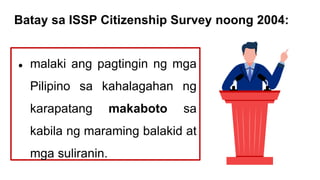 Batay sa ISSP Citizenship Survey noong 2004:
● malaki ang pagtingin ng mga
Pilipino sa kahalagahan ng
karapatang makaboto sa
kabila ng maraming balakid at
mga suliranin.
 