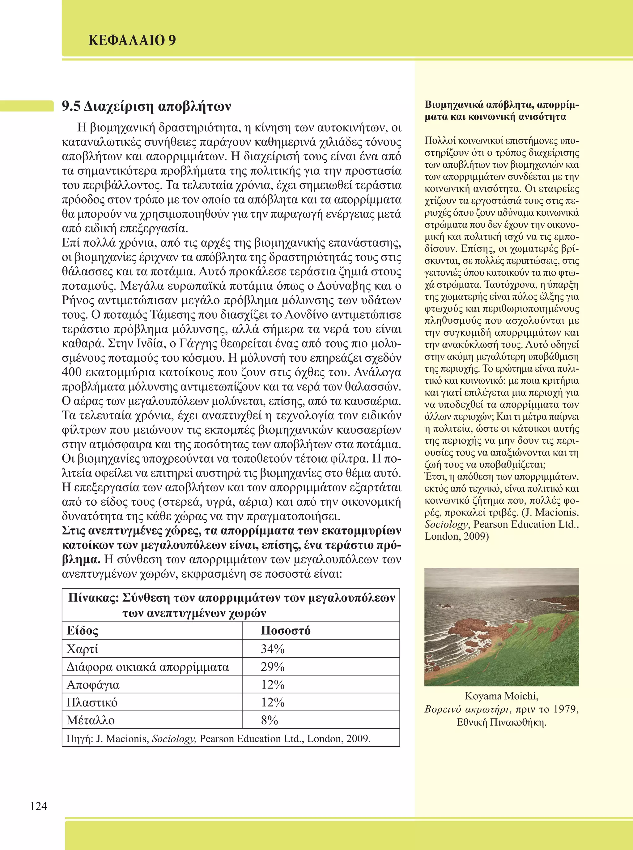124 
ΚΕΦΑΛΑΙΟ 9 
Βιομηχανικά απόβλητα, απορρίμ- 
ματα και κοινωνική ανισότητα 
Πολλοί κοινωνικοί επιστήμονες υπο- 
στηρίζουν ότι ο τρόπος διαχείρισης 
των αποβλήτων των βιομηχανιών και 
των απορριμμάτων συνδέεται με την 
κοινωνική ανισότητα. Οι εταιρείες 
χτίζουν τα εργοστάσιά τους στις πε- 
ριοχές όπου ζουν αδύναμα κοινωνικά 
στρώματα που δεν έχουν την οικονο- 
μική και πολιτική ισχύ να τις εμπο- 
δίσουν. Επίσης, οι χωματερές βρί- 
σκονται, σε πολλές περιπτώσεις, στις 
γειτονιές όπου κατοικούν τα πιο φτω- 
χά στρώματα. Ταυτόχρονα, η ύπαρξη 
της χωματερής είναι πόλος έλξης για 
φτωχούς και περιθωριοποιημένους 
πληθυσμούς που ασχολούνται με 
την συγκομιδή απορριμμάτων και 
την ανακύκλωσή τους. Αυτό οδηγεί 
στην ακόμη μεγαλύτερη υποβάθμιση 
της περιοχής. Το ερώτημα είναι πολι- 
τικό και κοινωνικό: με ποια κριτήρια 
και γιατί επιλέγεται μια περιοχή για 
να υποδεχθεί τα απορρίμματα των 
άλλων περιοχών; Και τι μέτρα παίρνει 
η πολιτεία, ώστε οι κάτοικοι αυτής 
της περιοχής να μην δουν τις περι- 
ουσίες τους να απαξιώνονται και τη 
ζωή τους να υποβαθμίζεται; 
Έτσι, η απόθεση των απορριμμάτων, 
εκτός από τεχνικό, είναι πολιτικό και 
κοινωνικό ζήτημα που, πολλές φο- 
ρές, προκαλεί τριβές. (J. Macionis, 
Sociology, Pearson Education Ltd., 
London, 2009) 
Koyama Moichi, 
Βορεινό ακρωτήρι, πριν το 1979, 
Εθνική Πινακοθήκη. 
9.5 Διαχείριση αποβλήτων 
Η βιομηχανική δραστηριότητα, η κίνηση των αυτοκινήτων, οι 
καταναλωτικές συνήθειες παράγουν καθημερινά χιλιάδες τόνους 
αποβλήτων και απορριμμάτων. Η διαχείρισή τους είναι ένα από 
τα σημαντικότερα προβλήματα της πολιτικής για την προστασία 
του περιβάλλοντος. Τα τελευταία χρόνια, έχει σημειωθεί τεράστια 
πρόοδος στον τρόπο με τον οποίο τα απόβλητα και τα απορρίμματα 
θα μπορούν να χρησιμοποιηθούν για την παραγωγή ενέργειας μετά 
από ειδική επεξεργασία. 
Επί πολλά χρόνια, από τις αρχές της βιομηχανικής επανάστασης, 
οι βιομηχανίες έριχναν τα απόβλητα της δραστηριότητάς τους στις 
θάλασσες και τα ποτάμια. Αυτό προκάλεσε τεράστια ζημιά στους 
ποταμούς. Μεγάλα ευρωπαϊκά ποτάμια όπως ο Δούναβης και ο 
Ρήνος αντιμετώπισαν μεγάλο πρόβλημα μόλυνσης των υδάτων 
τους. Ο ποταμός Τάμεσης που διασχίζει το Λονδίνο αντιμετώπισε 
τεράστιο πρόβλημα μόλυνσης, αλλά σήμερα τα νερά του είναι 
καθαρά. Στην Ινδία, ο Γάγγης θεωρείται ένας από τους πιο μολυ- 
σμένους ποταμούς του κόσμου. Η μόλυνσή του επηρεάζει σχεδόν 
400 εκατομμύρια κατοίκους που ζουν στις όχθες του. Ανάλογα 
προβλήματα μόλυνσης αντιμετωπίζουν και τα νερά των θαλασσών. 
Ο αέρας των μεγαλουπόλεων μολύνεται, επίσης, από τα καυσαέρια. 
Τα τελευταία χρόνια, έχει αναπτυχθεί η τεχνολογία των ειδικών 
φίλτρων που μειώνουν τις εκπομπές βιομηχανικών καυσαερίων 
στην ατμόσφαιρα και της ποσότητας των αποβλήτων στα ποτάμια. 
Οι βιομηχανίες υποχρεούνται να τοποθετούν τέτοια φίλτρα. Η πο- 
λιτεία οφείλει να επιτηρεί αυστηρά τις βιομηχανίες στο θέμα αυτό. 
Η επεξεργασία των αποβλήτων και των απορριμμάτων εξαρτάται 
από το είδος τους (στερεά, υγρά, αέρια) και από την οικονομική 
δυνατότητα της κάθε χώρας να την πραγματοποιήσει. 
Στις ανεπτυγμένες χώρες, τα απορρίμματα των εκατομμυρίων 
κατοίκων των μεγαλουπόλεων είναι, επίσης, ένα τεράστιο πρό- 
βλημα. Η σύνθεση των απορριμμάτων των μεγαλουπόλεων των 
ανεπτυγμένων χωρών, εκφρασμένη σε ποσοστά είναι: 
Πίνακας: Σύνθεση των απορριμμάτων των μεγαλουπόλεων 
των ανεπτυγμένων χωρών 
Είδος Ποσοστό 
Χαρτί 34% 
Διάφορα οικιακά απορρίμματα 29% 
Αποφάγια 12% 
Πλαστικό 12% 
Μέταλλο 8% 
Πηγή: J. Macionis, Sociology, Pearson Education Ltd., London, 2009. 
 