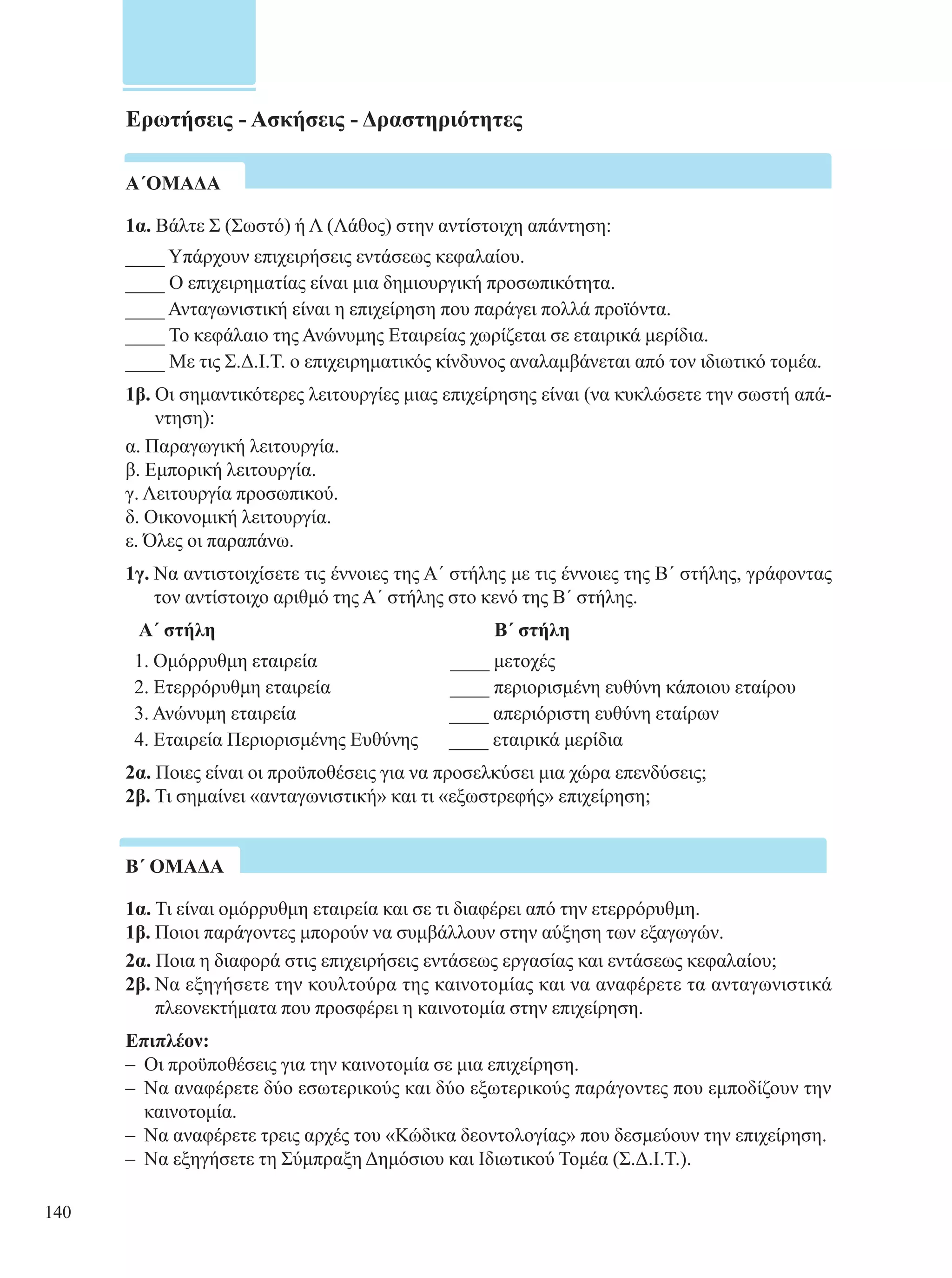 Ερωτήσεις - Ασκήσεις - Δραστηριότητες 
Α΄ΟΜΑΔΑ 
1α. Βάλτε Σ (Σωστό) ή Λ (Λάθος) στην αντίστοιχη απάντηση: 
____ Υπάρχουν επιχειρήσεις εντάσεως κεφαλαίου. 
____ Ο επιχειρηματίας είναι μια δημιουργική προσωπικότητα. 
____ Ανταγωνιστική είναι η επιχείρηση που παράγει πολλά προϊόντα. 
____ Το κεφάλαιο της Ανώνυμης Εταιρείας χωρίζεται σε εταιρικά μερίδια. 
____ Με τις Σ.Δ.Ι.Τ. ο επιχειρηματικός κίνδυνος αναλαμβάνεται από τον ιδιωτικό τομέα. 
1β. Οι σημαντικότερες λειτουργίες μιας επιχείρησης είναι (να κυκλώσετε την σωστή απά- 
ντηση): 
α. Παραγωγική λειτουργία. 
β. Εμπορική λειτουργία. 
γ. Λειτουργία προσωπικού. 
δ. Οικονομική λειτουργία. 
ε. Όλες οι παραπάνω. 
1γ. Να αντιστοιχίσετε τις έννοιες της Α΄ στήλης με τις έννοιες της Β΄ στήλης, γράφοντας 
τον αντίστοιχο αριθμό της Α΄ στήλης στο κενό της Β΄ στήλης. 
Α΄ στήλη Β ΄ σ τήλη 
1. Ομόρρυθμη εταιρεία _ ___ μετοχές 
2. Ετερρόρυθμη εταιρεία _ ___ περιορισμένη ευθύνη κάποιου εταίρου 
3. Ανώνυμη εταιρεία ____ απεριόριστη ευθύνη εταίρων 
4. Εταιρεία Περιορισμένης Ευθύνης ____ εταιρικά μερίδια 
2α. Ποιες είναι οι προϋποθέσεις για να προσελκύσει μια χώρα επενδύσεις; 
2β. Τι σημαίνει «ανταγωνιστική» και τι «εξωστρεφής» επιχείρηση; 
Β΄ ΟΜΑΔΑ 
1α. Τι είναι ομόρρυθμη εταιρεία και σε τι διαφέρει από την ετερρόρυθμη. 
1β. Ποιοι παράγοντες μπορούν να συμβάλλουν στην αύξηση των εξαγωγών. 
2α. Ποια η διαφορά στις επιχειρήσεις εντάσεως εργασίας και εντάσεως κεφαλαίου; 
2β. Να εξηγήσετε την κουλτούρα της καινοτομίας και να αναφέρετε τα ανταγωνιστικά 
πλεονεκτήματα που προσφέρει η καινοτομία στην επιχείρηση. 
Επιπλέον: 
– Οι προϋποθέσεις για την καινοτομία σε μια επιχείρηση. 
– Να αναφέρετε δύο εσωτερικούς και δύο εξωτερικούς παράγοντες που εμποδίζουν την 
καινοτομία. 
– Να αναφέρετε τρεις αρχές του «Κώδικα δεοντολογίας» που δεσμεύουν την επιχείρηση. 
– Να εξηγήσετε τη Σύμπραξη Δημόσιου και Ιδιωτικού Τομέα (Σ.Δ.Ι.Τ.). 
140 
 
