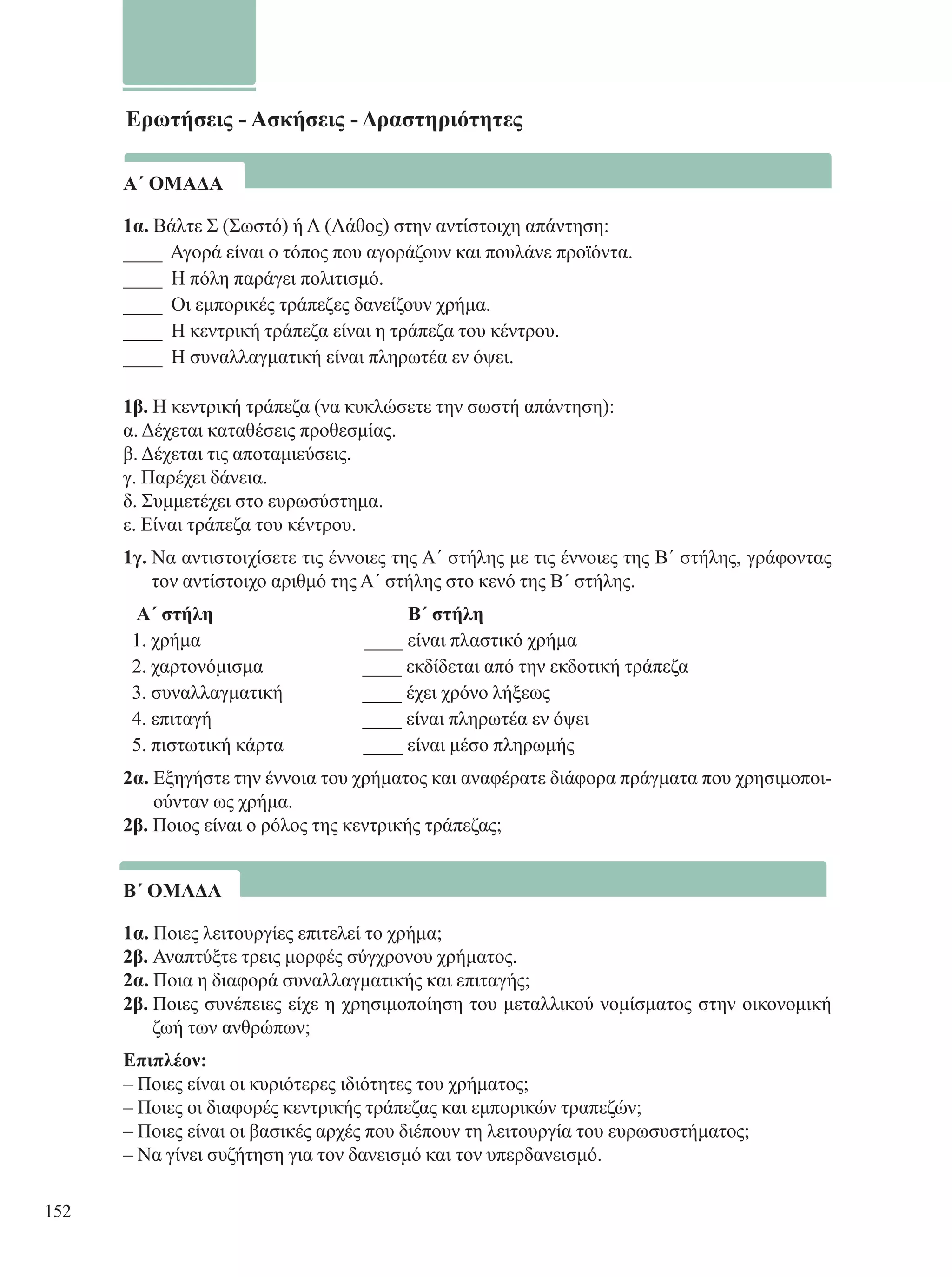 Ερωτήσεις - Ασκήσεις - Δραστηριότητες 
Α΄ ΟΜΑΔΑ 
1α. Βάλτε Σ (Σωστό) ή Λ (Λάθος) στην αντίστοιχη απάντηση: 
____ Αγορά είναι ο τόπος που αγοράζουν και πουλάνε προϊόντα. 
____ Η πόλη παράγει πολιτισμό. 
____ Οι εμπορικές τράπεζες δανείζουν χρήμα. 
____ Η κεντρική τράπεζα είναι η τράπεζα του κέντρου. 
____ Η συναλλαγματική είναι πληρωτέα εν όψει. 
1β. Η κεντρική τράπεζα (να κυκλώσετε την σωστή απάντηση): 
α. Δέχεται καταθέσεις προθεσμίας. 
β. Δέχεται τις αποταμιεύσεις. 
γ. Παρέχει δάνεια. 
δ. Συμμετέχει στο ευρωσύστημα. 
ε. Είναι τράπεζα του κέντρου. 
1γ. Να αντιστοιχίσετε τις έννοιες της Α΄ στήλης με τις έννοιες της Β΄ στήλης, γράφοντας 
τον αντίστοιχο αριθμό της Α΄ στήλης στο κενό της Β΄ στήλης. 
Α΄ στήλη Β ΄ στήλη 
1. χρήμα ____ είναι πλαστικό χρήμα 
2. χαρτονόμισμα ____ εκδίδεται από την εκδοτική τράπεζα 
3. συναλλαγματική ____ έχει χρόνο λήξεως 
4. επιταγή ____ είναι πληρωτέα εν όψει 
5. πιστωτική κάρτα ____ είναι μέσο πληρωμής 
2α. Εξηγήστε την έννοια του χρήματος και αναφέρατε διάφορα πράγματα που χρησιμοποι- 
ούνταν ως χρήμα. 
2β. Ποιος είναι ο ρόλος της κεντρικής τράπεζας; 
Β΄ ΟΜΑΔΑ 
1α. Ποιες λειτουργίες επιτελεί το χρήμα; 
2β. Αναπτύξτε τρεις μορφές σύγχρονου χρήματος. 
2α. Ποια η διαφορά συναλλαγματικής και επιταγής; 
2β. Ποιες συνέπειες είχε η χρησιμοποίηση του μεταλλικού νομίσματος στην οικονομική 
ζωή των ανθρώπων; 
Επιπλέον: 
– Ποιες είναι οι κυριότερες ιδιότητες του χρήματος; 
– Ποιες οι διαφορές κεντρικής τράπεζας και εμπορικών τραπεζών; 
– Ποιες είναι οι βασικές αρχές που διέπουν τη λειτουργία του ευρωσυστήματος; 
– Να γίνει συζήτηση για τον δανεισμό και τον υπερδανεισμό. 
152 
 