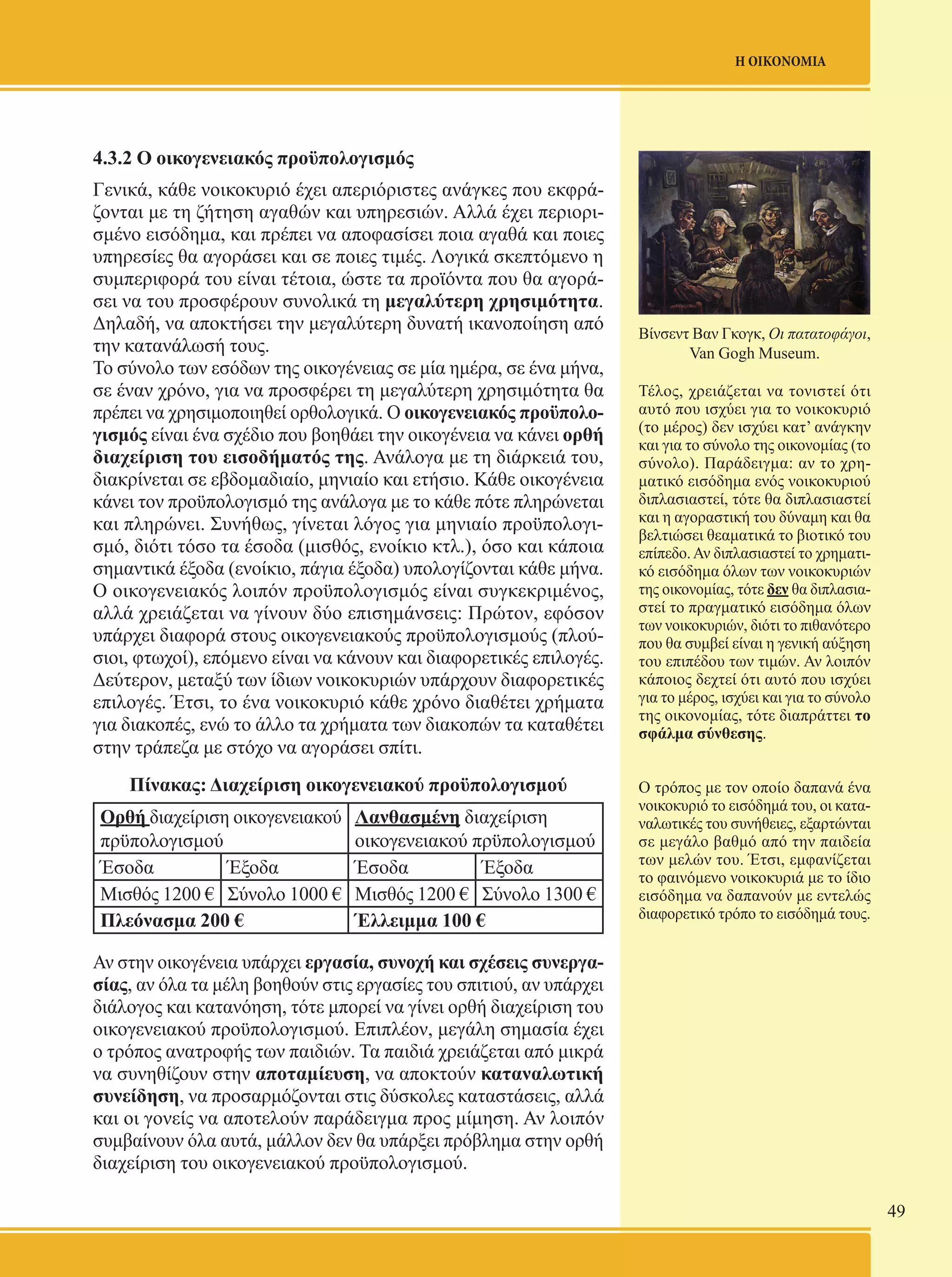 49 
Η ΟΙΚΟΝΟΜΙΑ 
Βίνσεντ Βαν Γκογκ, Οι πατατοφάγοι, 
Van Gogh Museum. 
Τέλος, χρειάζεται να τονιστεί ότι 
αυτό που ισχύει για το νοικοκυριό 
(το μέρος) δεν ισχύει κατ’ ανάγκην 
και για το σύνολο της οικονομίας (το 
σύνολο). Παράδειγμα: αν το χρη- 
ματικό εισόδημα ενός νοικοκυριού 
διπλασιαστεί, τότε θα διπλασιαστεί 
και η αγοραστική του δύναμη και θα 
βελτιώσει θεαματικά το βιοτικό του 
επίπεδο. Αν διπλασιαστεί το χρηματι- 
κό εισόδημα όλων των νοικοκυριών 
της οικονομίας, τότε δεν θα διπλασια- 
στεί το πραγματικό εισόδημα όλων 
των νοικοκυριών, διότι το πιθανότερο 
που θα συμβεί είναι η γενική αύξηση 
του επιπέδου των τιμών. Αν λοιπόν 
κάποιος δεχτεί ότι αυτό που ισχύει 
για το μέρος, ισχύει και για το σύνολο 
της οικονομίας, τότε διαπράττει το 
σφάλμα σύνθεσης. 
Ο τρόπος με τον οποίο δαπανά ένα 
νοικοκυριό το εισόδημά του, οι κατα- 
ναλωτικές του συνήθειες, εξαρτώνται 
σε μεγάλο βαθμό από την παιδεία 
των μελών του. Έτσι, εμφανίζεται 
το φαινόμενο νοικοκυριά με το ίδιο 
εισόδημα να δαπανούν με εντελώς 
διαφορετικό τρόπο το εισόδημά τους. 
4.3.2 Ο οικογενειακός προϋπολογισμός 
Γενικά, κάθε νοικοκυριό έχει απεριόριστες ανάγκες που εκφρά- 
ζονται με τη ζήτηση αγαθών και υπηρεσιών. Αλλά έχει περιορι- 
σμένο εισόδημα, και πρέπει να αποφασίσει ποια αγαθά και ποιες 
υπηρεσίες θα αγοράσει και σε ποιες τιμές. Λογικά σκεπτόμενο η 
συμπεριφορά του είναι τέτοια, ώστε τα προϊόντα που θα αγορά- 
σει να του προσφέρουν συνολικά τη μεγαλύτερη χρησιμότητα. 
Δηλαδή, να αποκτήσει την μεγαλύτερη δυνατή ικανοποίηση από 
την κατανάλωσή τους. 
Το σύνολο των εσόδων της οικογένειας σε μία ημέρα, σε ένα μήνα, 
σε έναν χρόνο, για να προσφέρει τη μεγαλύτερη χρησιμότητα θα 
πρέπει να χρησιμοποιηθεί ορθολογικά. Ο οικογενειακός προϋπολο- 
γισμός είναι ένα σχέδιο που βοηθάει την οικογένεια να κάνει ορθή 
διαχείριση του εισοδήματός της. Ανάλογα με τη διάρκειά του, 
διακρίνεται σε εβδομαδιαίο, μηνιαίο και ετήσιο. Κάθε οικογένεια 
κάνει τον προϋπολογισμό της ανάλογα με το κάθε πότε πληρώνεται 
και πληρώνει. Συνήθως, γίνεται λόγος για μηνιαίο προϋπολογι- 
σμό, διότι τόσο τα έσοδα (μισθός, ενοίκιο κτλ.), όσο και κάποια 
σημαντικά έξοδα (ενοίκιο, πάγια έξοδα) υπολογίζονται κάθε μήνα. 
Ο οικογενειακός λοιπόν προϋπολογισμός είναι συγκεκριμένος, 
αλλά χρειάζεται να γίνουν δύο επισημάνσεις: Πρώτον, εφόσον 
υπάρχει διαφορά στους οικογενειακούς προϋπολογισμούς (πλού- 
σιοι, φτωχοί), επόμενο είναι να κάνουν και διαφορετικές επιλογές. 
Δεύτερον, μεταξύ των ίδιων νοικοκυριών υπάρχουν διαφορετικές 
επιλογές. Έτσι, το ένα νοικοκυριό κάθε χρόνο διαθέτει χρήματα 
για διακοπές, ενώ το άλλο τα χρήματα των διακοπών τα καταθέτει 
στην τράπεζα με στόχο να αγοράσει σπίτι. 
Πίνακας: Διαχείριση οικογενειακού προϋπολογισμού 
Ορθή διαχείριση οικογενειακού 
πρϋπολογισμού 
Λανθασμένη διαχείριση 
οικογενειακού πρϋπολογισμού 
Έσοδα Έξοδα Έσοδα Έξοδα 
Μισθός 1200 € Σύνολο 1000 € Μισθός 1200 € Σύνολο 1300 € 
Πλεόνασμα 200 € Έλλειμμα 100 € 
Αν στην οικογένεια υπάρχει εργασία, συνοχή και σχέσεις συνεργα- 
σίας, αν όλα τα μέλη βοηθούν στις εργασίες του σπιτιού, αν υπάρχει 
διάλογος και κατανόηση, τότε μπορεί να γίνει ορθή διαχείριση του 
οικογενειακού προϋπολογισμού. Επιπλέον, μεγάλη σημασία έχει 
ο τρόπος ανατροφής των παιδιών. Τα παιδιά χρειάζεται από μικρά 
να συνηθίζουν στην αποταμίευση, να αποκτούν καταναλωτική 
συνείδηση, να προσαρμόζονται στις δύσκολες καταστάσεις, αλλά 
και οι γονείς να αποτελούν παράδειγμα προς μίμηση. Αν λοιπόν 
συμβαίνουν όλα αυτά, μάλλον δεν θα υπάρξει πρόβλημα στην ορθή 
διαχείριση του οικογενειακού προϋπολογισμού. 
 