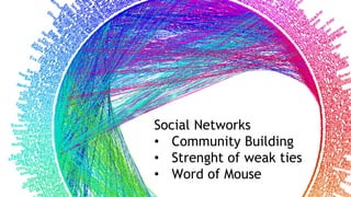 Social Networks
• Community Building
• Strenght of weak ties
• Word of Mouse
 