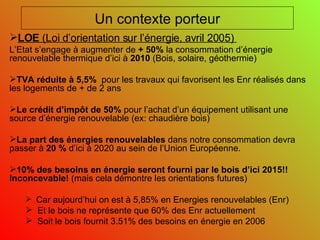 Un contexte porteur LOE  (Loi d’orientation sur l’énergie, avril 2005)  L’Etat s’engage à augmenter de  + 50%  la consommation d’énergie renouvelable thermique d’ici à  2010  (Bois, solaire, géothermie) TVA réduite à 5,5%   pour les travaux qui favorisent les Enr réalisés dans les logements de + de 2 ans  Le crédit d’impôt de 50%  pour l’achat d’un équipement utilisant une source d’énergie renouvelable (ex: chaudière bois) La part des énergies renouvelables  dans notre consommation devra passer à  20 %  d’ici à 2020 au sein de l’Union Européenne. 10% des besoins en énergie seront fourni par le bois d’ici 2015!!  Inconcevable!  (mais cela démontre les orientations futures) Car aujourd’hui on est à 5,85% en Energies renouvelables (Enr) Et le bois ne représente que 60% des Enr actuellement Soit le bois fournit 3.51% des besoins en énergie en 2006 