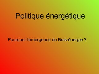 Politique énergétique Pourquoi l’émergence du Bois-énergie ? 