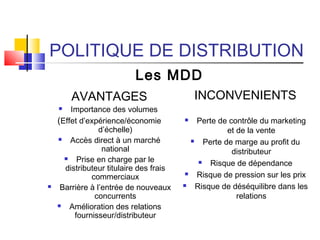 POLITIQUE DE DISTRIBUTION
AVANTAGES
 Importance des volumes
(Effet d’expérience/économie
d’échelle)
 Accès direct à un marché
national
 Prise en charge par le
distributeur titulaire des frais
commerciaux
 Barrière à l’entrée de nouveaux
concurrents
 Amélioration des relations
fournisseur/distributeur
INCONVENIENTS
 Perte de contrôle du marketing
et de la vente
 Perte de marge au profit du
distributeur
 Risque de dépendance
 Risque de pression sur les prix
 Risque de déséquilibre dans les
relations
Les MDD
 