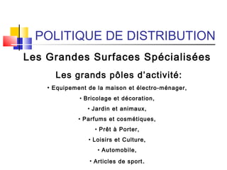 POLITIQUE DE DISTRIBUTION
Les Grandes Surfaces Spécialisées
Les grands pôles d’activité:
• Equipement de la maison et électro-ménager,
• Bricolage et décoration,
• Jardin et animaux,
• Parfums et cosmétiques,
• Prêt à Porter,
• Loisirs et Culture,
• Automobile,
• Articles de sport.
 