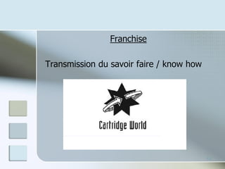 Franchise
Transmission du savoir faire / know how
14
 