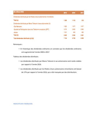 Remarques :
• En historique des dividendes ordinaires on constate que les dividendes ordinaires
ont augmenté de l’année 2003 à 2017
Tableau des dividendes distribués :
• Les dividendes distribués par Maroc Telecom à ses actionnaires sont restés stables
par rapport à l’année 2016.
• Les dividendes distribués par les filiales à leurs actionnaires minoritaires ont baissé
de 17% par rapport à l’année 2016, qui a été marquée par des distributions
INDICATEURS FINANCIERS
 