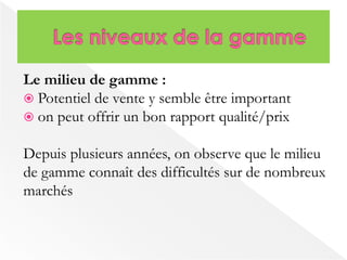 Le milieu de gamme : 
 Potentiel de vente y semble être important 
 on peut offrir un bon rapport qualité/prix 
Depuis plusieurs années, on observe que le milieu 
de gamme connaît des difficultés sur de nombreux 
marchés 
 