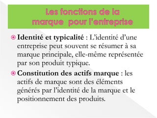  Identité et typicalité : L’identité d’une 
entreprise peut souvent se résumer à sa 
marque principale, elle-même représentée 
par son produit typique. 
 Constitution des actifs marque : les 
actifs de marque sont des éléments 
générés par l’identité de la marque et le 
positionnement des produits. 
 