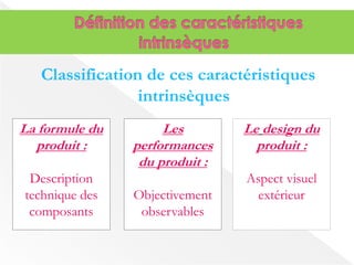 Classification de ces caractéristiques 
intrinsèques 
La formule du 
produit : 
Description 
technique des 
composants 
Les 
performances 
du produit : 
Objectivement 
observables 
Le design du 
produit : 
Aspect visuel 
extérieur 
 