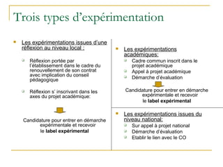 Trois types d’expérimentation
   Les expérimentations issues d’une
    réflexion au niveau local :               Les exp...